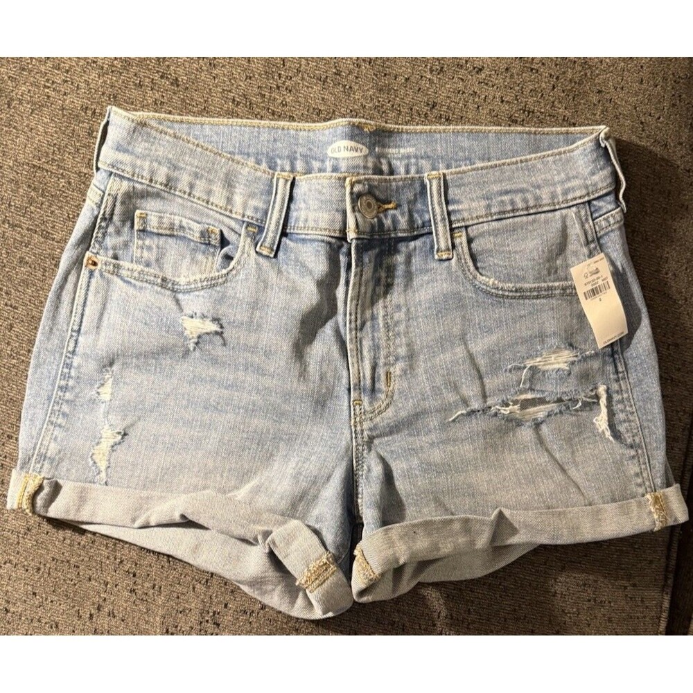 NWT Old Navy Boyfriend Short Mid-Rise Denim Shorts Light Blue Distressed Size 4